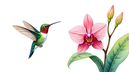 Naklejka premium Iridescent Hummingbird & Orchid: A high-resolution watercolor illustration featuring jewel-toned feathers and detailed orchid blossoms.