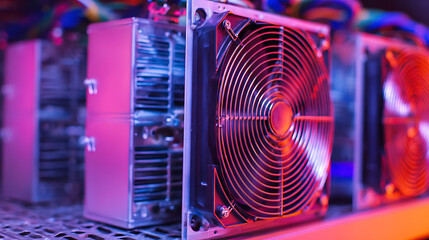 Depicts cryptocurrency mining hardware, essential for verifying blockchain transactions and creating new coins. Features cooling fans and advanced processors in a modern setup.