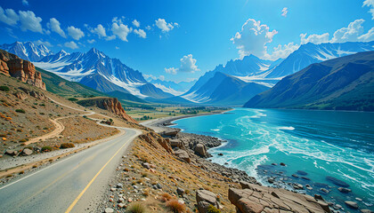 Scenic view of mountains, river, and road in a remote area during bright sunny day