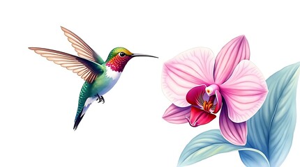 Naklejka premium Rainforest Harmony: Delicate watercolor depiction of a hovering hummingbird and saturated orchid with translucent layered foliage.
