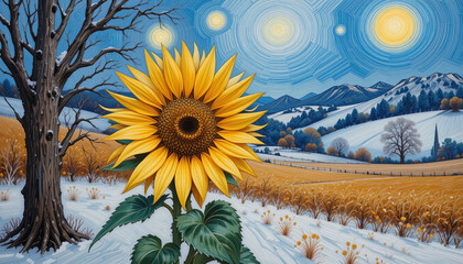 Sunflower stands tall in a colorful landscape during evening time with mountains and fields in the background