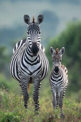 Pregnant zebra and foal in savanna