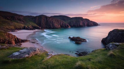 Fototapeta premium Tranquil Waters at Dusk: A Scenic Sunset over Kearvaig Bay, Cape Wrath, Scotland