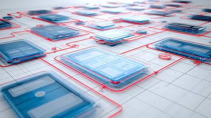 Transparent blue digital interfaces connected by red lines technology connection
