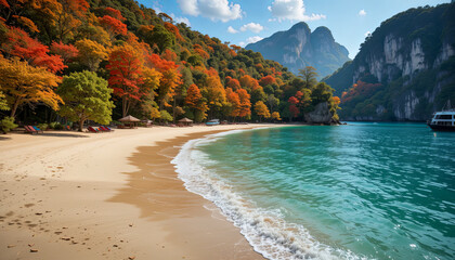 Scenic beach scene with colorful trees and clear water on a sunny day in a tropical location