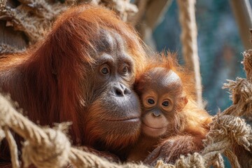 Orangutan mother and baby close-up
