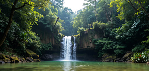 Waterfall in a lush forest with clear water and rocks under bright sunlight during daytime hours