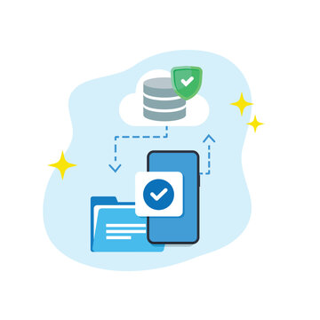 Flat design vector illustration of secure mobile data synchronization with cloud database success concept empty state ui