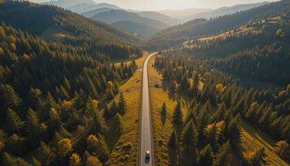 Scenic road stretches through dense forested mountains under a soft sunset sky in autumn