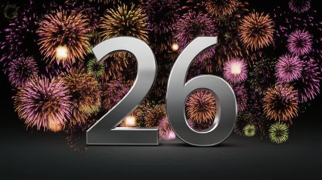 Silver number 26 with fireworks in the background. Festive scene for birthday or anniversary party