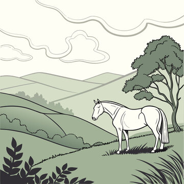 White horse standing under tree in green landscape