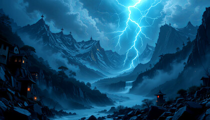 Stormy night in a valley with mountains, lightning, and a flowing river near houses and trees