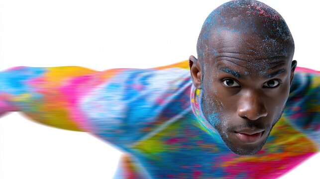 African male adult runner with colorful paint effects in dynamic motion