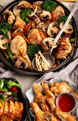 Family dinner. Roasted chicken with vegetables. Healthy eating.