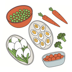 Cartoon food assortment with eggs peas carrots broccoli