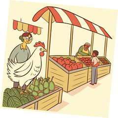 Cartoon people buying vegetables and fruits at market stall with chicken