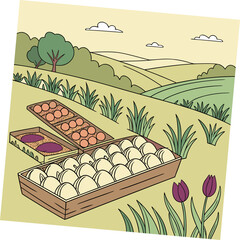 Cartoon eggs in boxes on grassy hill egg boxes landscape