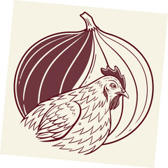 Chicken standing in front of an onion animal bird vegetable