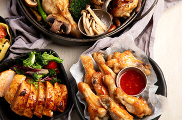 Family dinner. Roasted chicken with vegetables. Healthy eating.