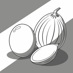 Black and white of melons fruit whole half