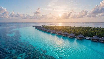 Resort over water with wooden huts at sunrise near a tropical island in the ocean