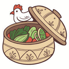 Cartoon chicken standing behind clay pot filled with vegetables