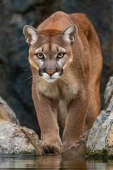 Cougar stares intently at the water's edge