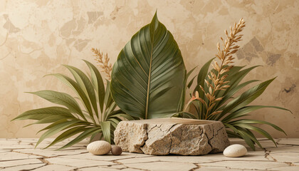 Decorative arrangement of stones and plants on a textured surface in a neutral setting