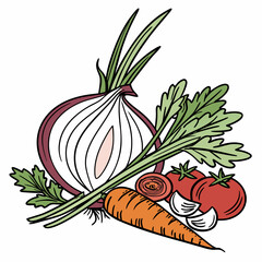 Cartoon vegetables including onion carrot and tomatoes