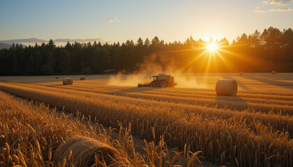 Harvesting crops during sunset in a rural field with a tractor