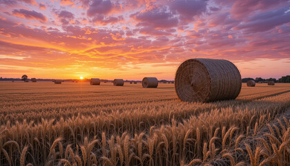 Golden wheat field at sunset with bales of straw scattered across the landscape