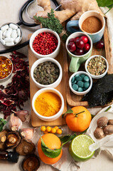 Assortment of herbal and tablets, vitamins and dietary supplements. Healthy life