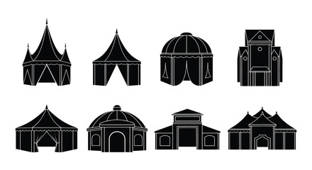 Variety of tent and building silhouettes in a simple black and white style © MdNirob