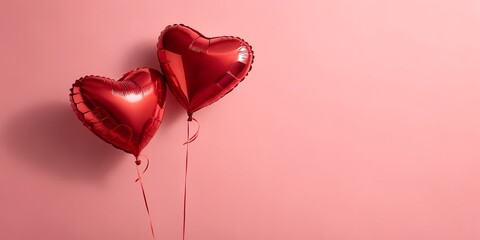 Two red heart-shaped helium balloons floating against a soft pink background.
