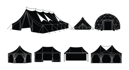 Variety of tent and building silhouettes in a simple black and white style © MdNirob