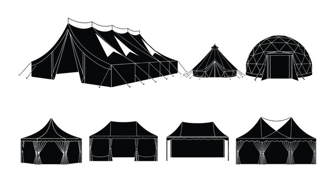 Variety of tent and building silhouettes in a simple black and white style