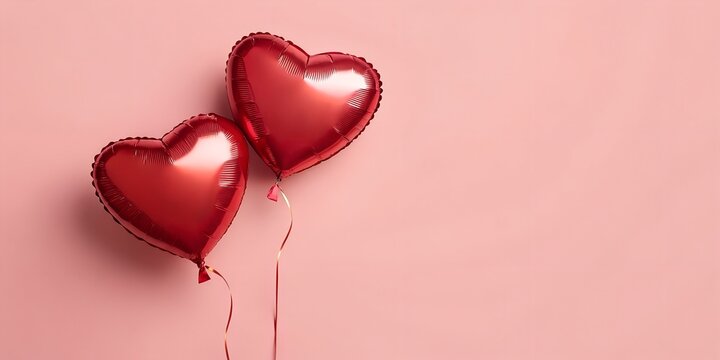 Two shiny red heart-shaped foil balloons float against a soft pink background, evoking warmth and romance.