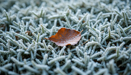 Frost covers grass and a brown leaf sits alone in a cold morning landscape during winter season
