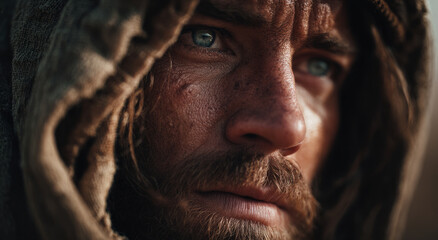 Obraz premium Desert prophet hooded man rugged face blue eyes cinematic portrait dust sand wilderness solemn