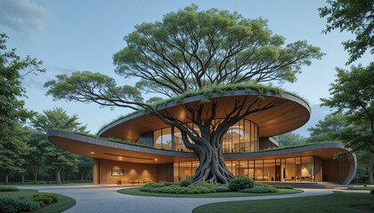 Modern building with large tree in front, designed for nature integration, located in a green area during daylight hours