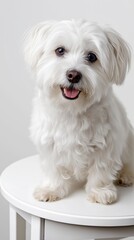 Obraz premium Adorable fluffy white dog sitting on a round table with happy expression
