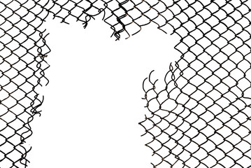 The texture of the metal mesh on a white background. Torn steel, metal mesh with holes