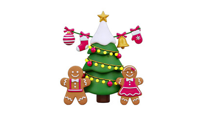 Christmas Tree with Gingerbread People and Decorations