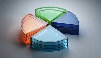 Modern 3d pie chart graph made of translucent glass layers. professional financial report showing business data analysis and market share for corporate strategy