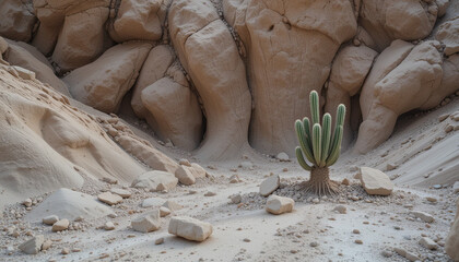 Cactus stands alone in a sandy canyon surrounded by rock formations under clear blue sky