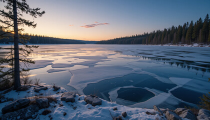 Beautiful winter scene at a frozen lake during sunset with ice formations and trees nearby
