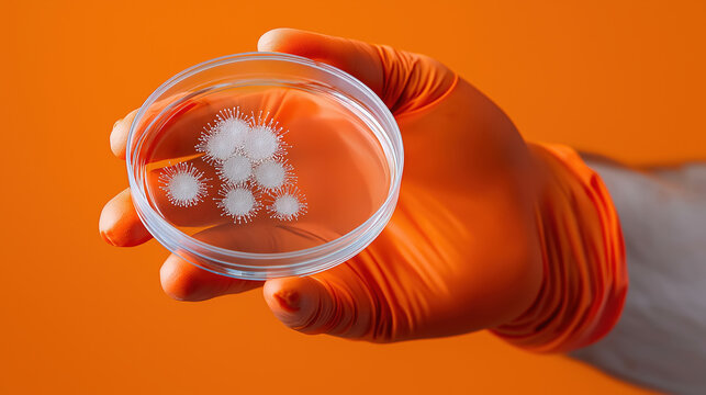 Orange-gloved hand holding petri dish with mold spores on vibrant background