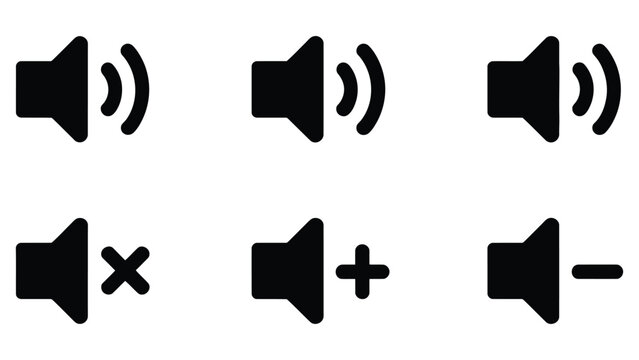 sound volume control speaker icons set including mute increase decrease and audio level symbols in solid black minimalist ui design