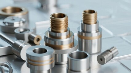 Precision metal mechanical components including threaded rods, cylindrical parts, and industrial fittings arranged on a reflective surface