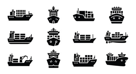 Collection of black silhouette icons depicting various types of cargo ships and tankers © MdNirob